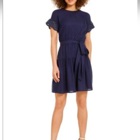 Michael Kors Navy Blue Tiered Eyelet Short Sleeve Dress XS - Picture 2 of 7